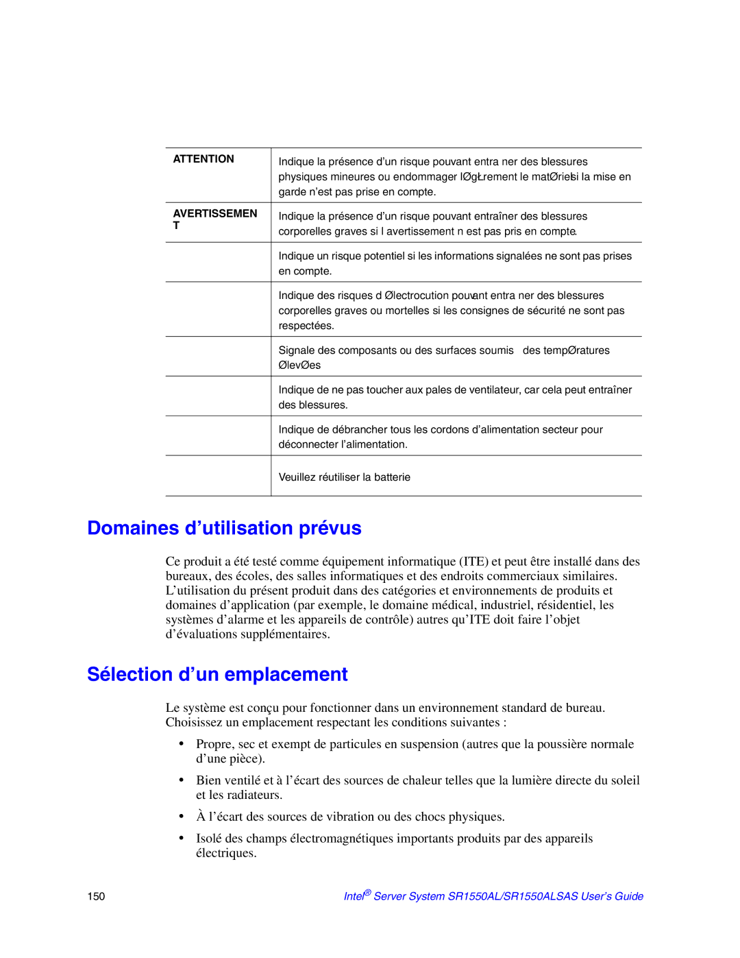 Intel SR1550ALSAS manual Domaines d’utilisation prévus, Sélection d’un emplacement 