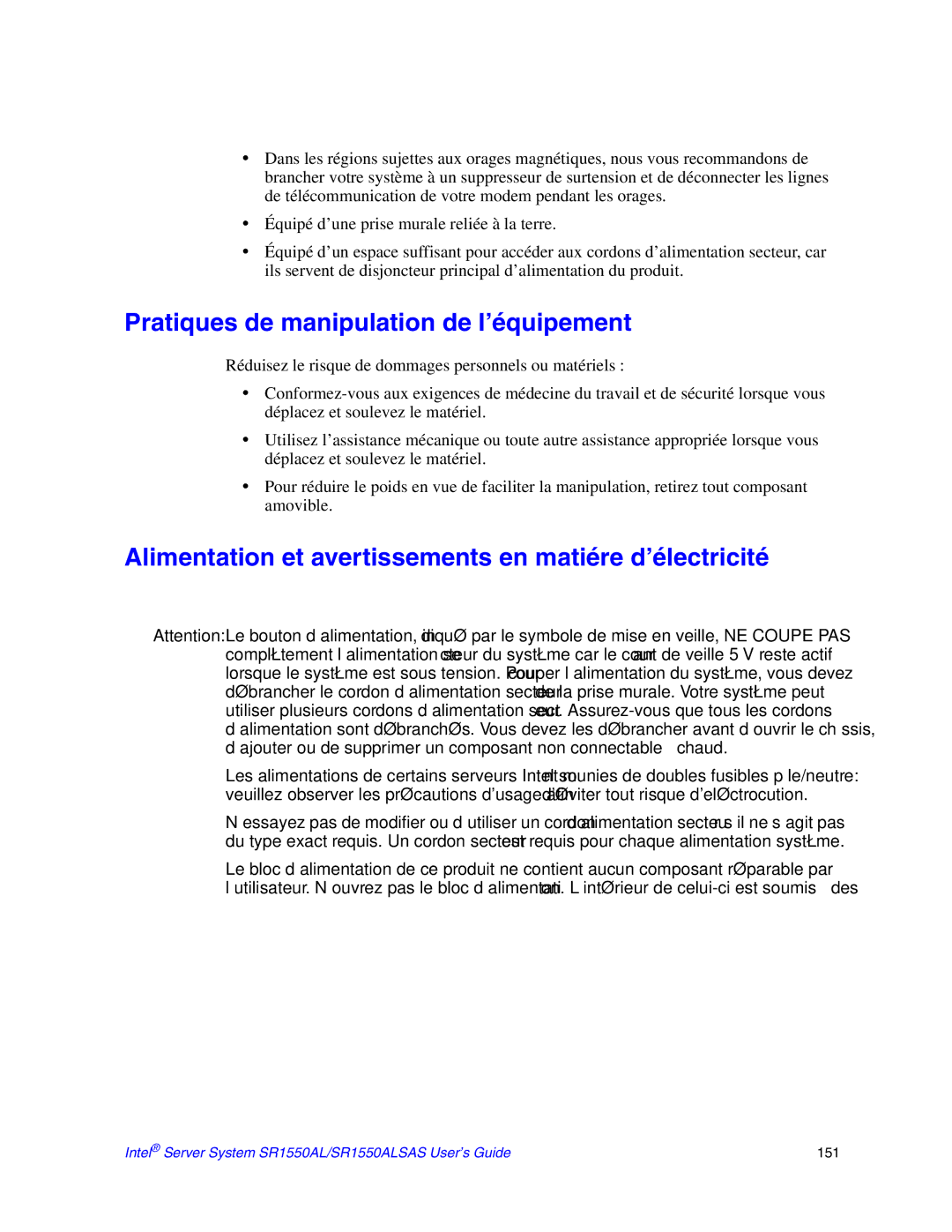 Intel SR1550AL manual Pratiques de manipulation de l’équipement, Alimentation et avertissements en matiére d’électricité 