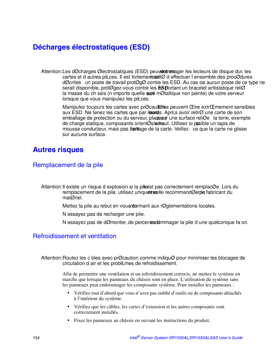 Intel SR1550ALSAS Décharges électrostatiques ESD, Autres risques, Remplacement de la pile, Refroidissement et ventilation 