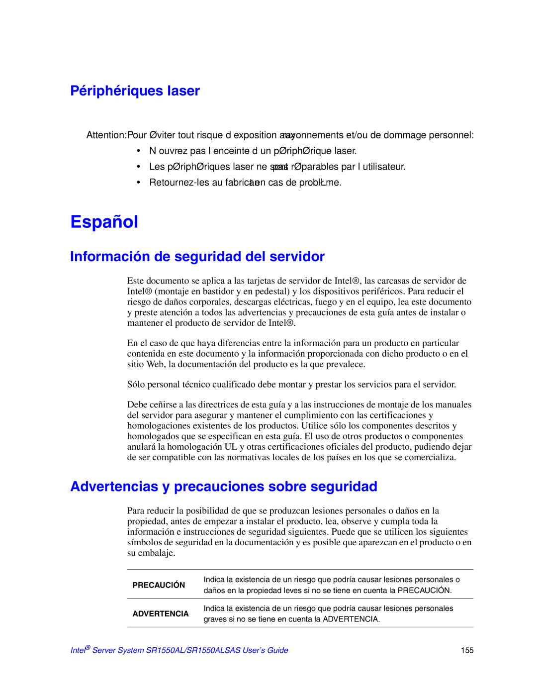 Intel SR1550AL Périphériques laser, Información de seguridad del servidor, Advertencias y precauciones sobre seguridad 