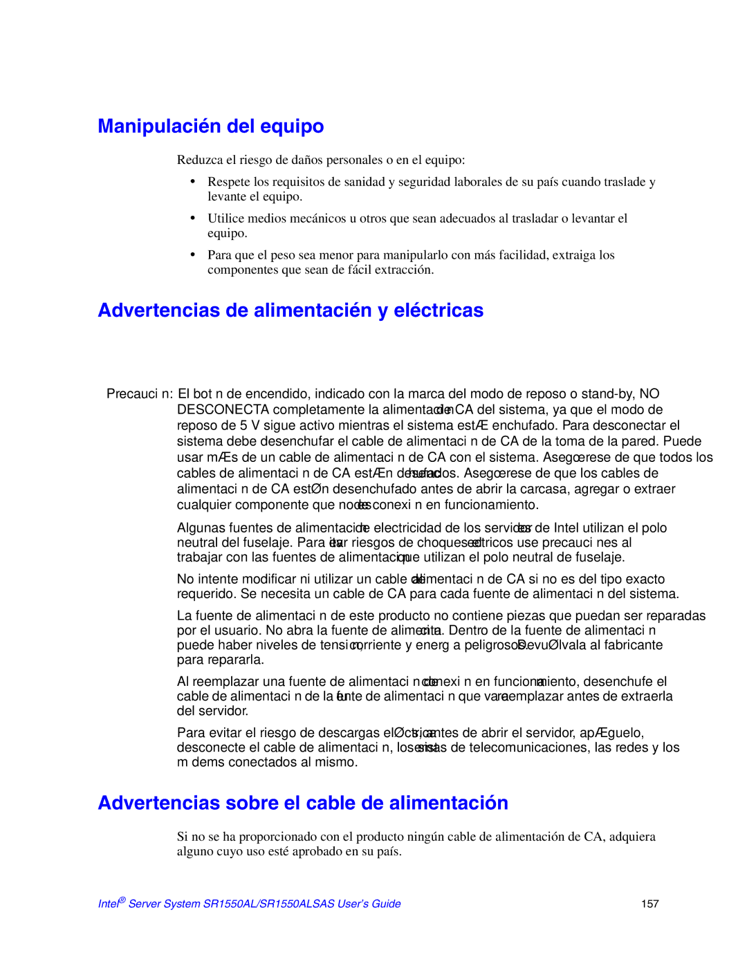 Intel SR1550ALSAS manual Manipulacién del equipo, Advertencias de alimentacién y eléctricas 