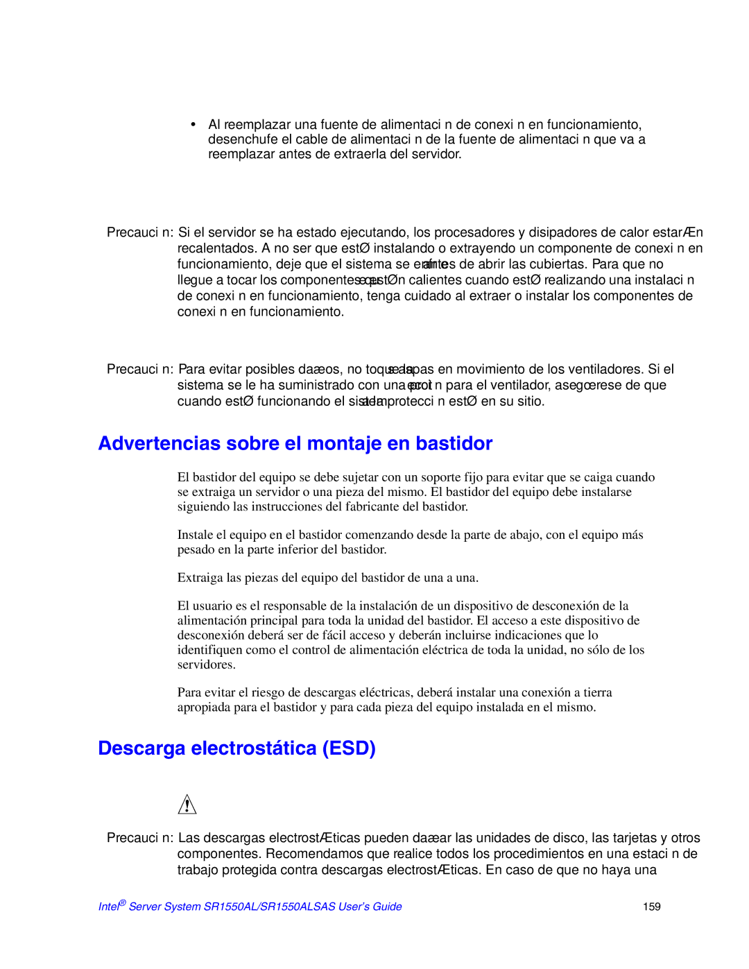 Intel SR1550ALSAS manual Advertencias sobre el montaje en bastidor, Descarga electrostática ESD 