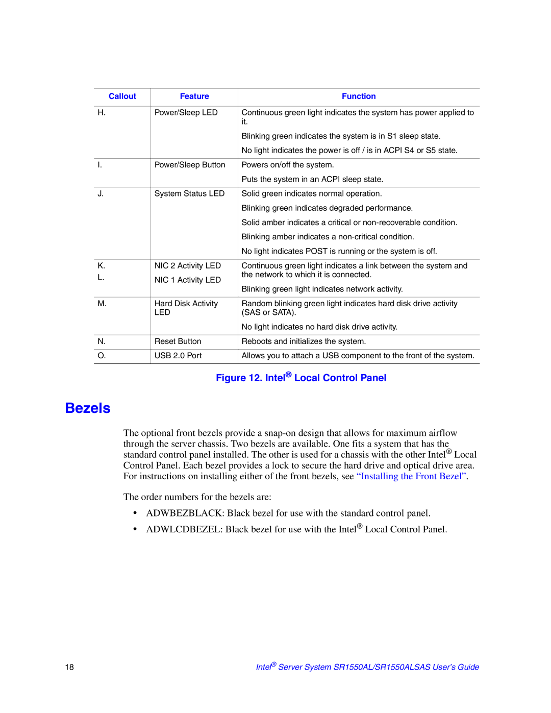 Intel SR1550ALSAS manual Bezels, Intel Local Control Panel 