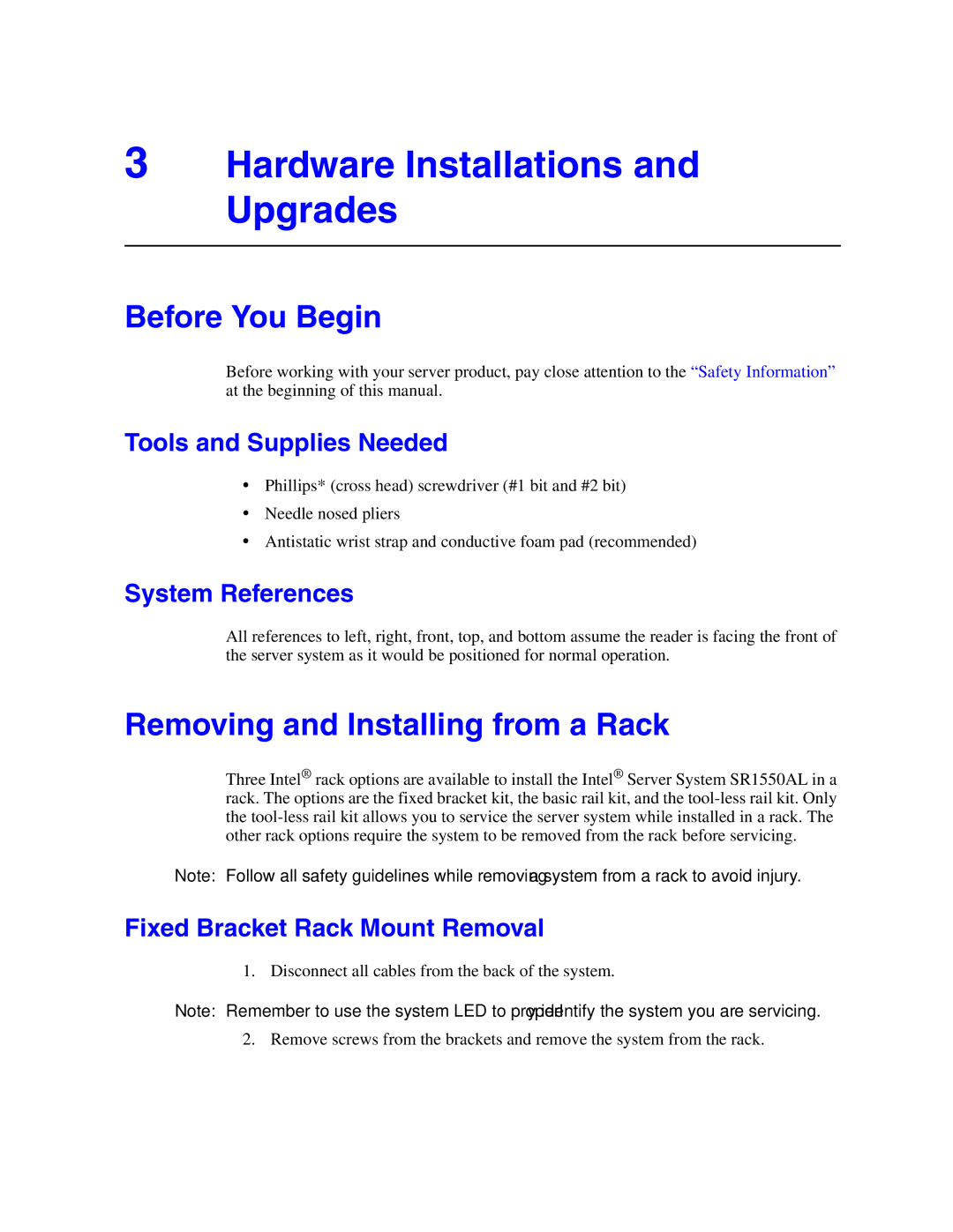 Intel SR1550ALSAS manual Hardware Installations and Upgrades, Before You Begin, Removing and Installing from a Rack 