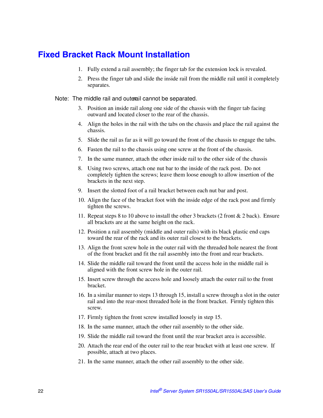 Intel SR1550ALSAS manual Fixed Bracket Rack Mount Installation 