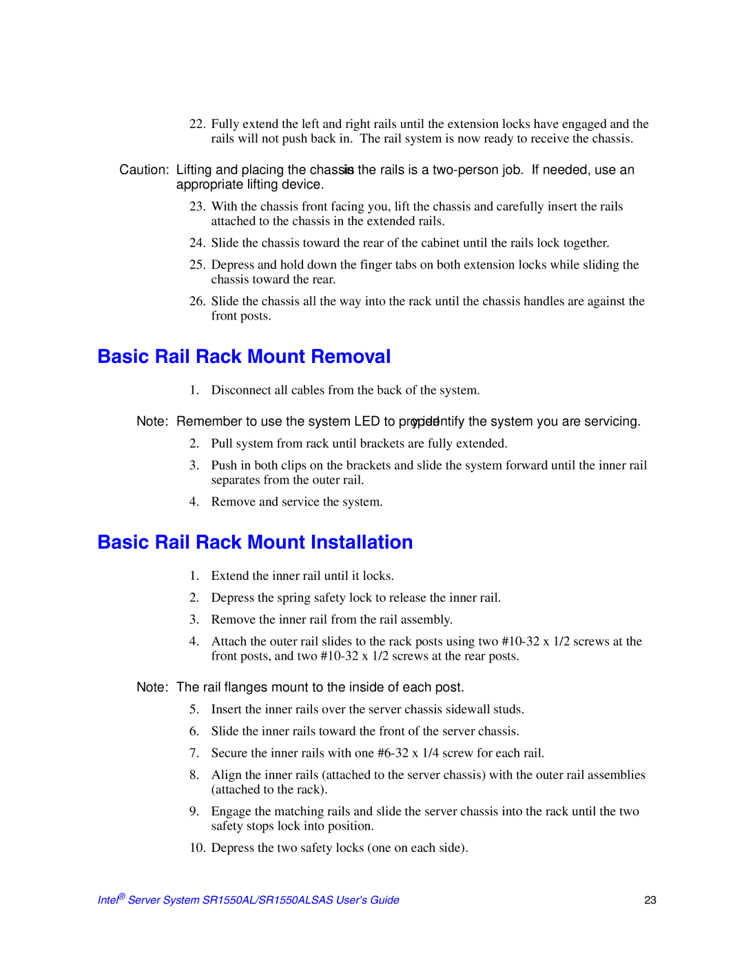 Intel SR1550ALSAS manual Basic Rail Rack Mount Removal, Basic Rail Rack Mount Installation 