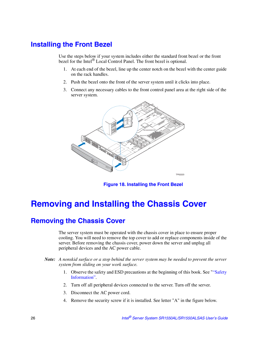 Intel SR1550ALSAS manual Removing and Installing the Chassis Cover, Installing the Front Bezel, Removing the Chassis Cover 