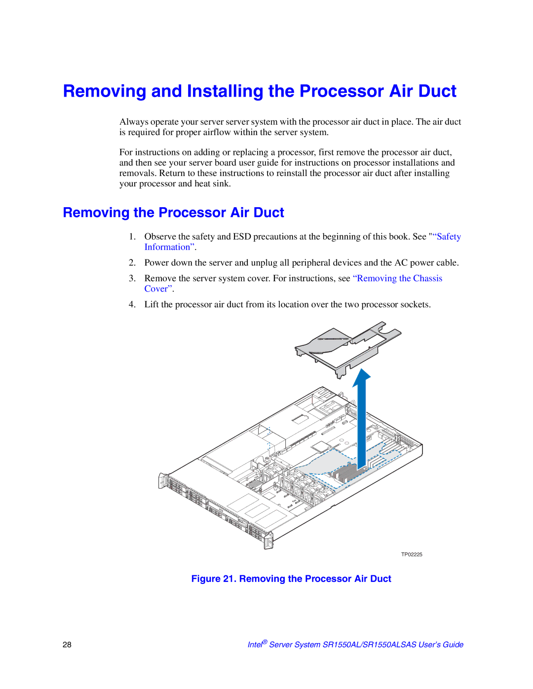 Intel SR1550ALSAS manual Removing and Installing the Processor Air Duct, Removing the Processor Air Duct 