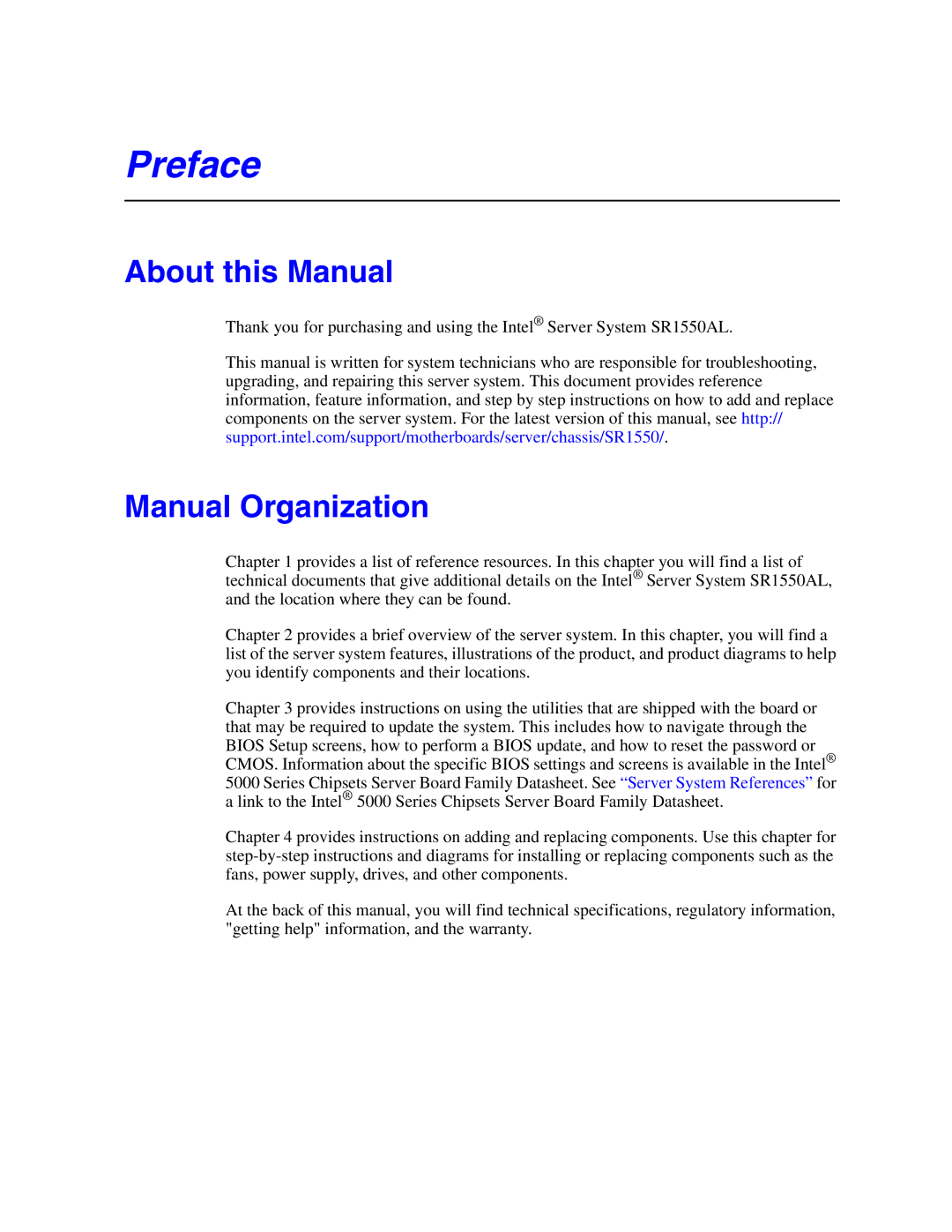 Intel SR1550ALSAS manual About this Manual, Manual Organization 