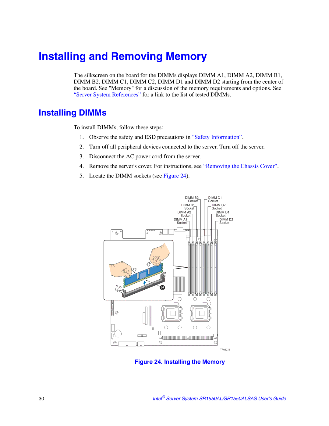 Intel SR1550ALSAS manual Installing and Removing Memory, Installing DIMMs 