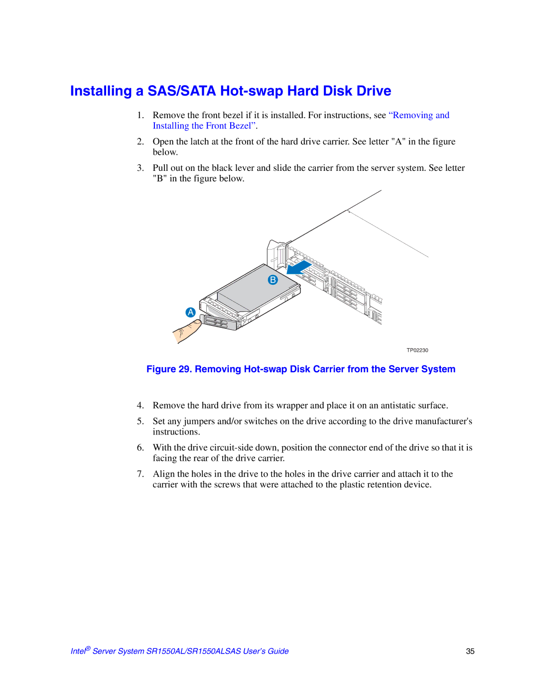 Intel SR1550AL manual Installing a SAS/SATA Hot-swap Hard Disk Drive, Removing Hot-swap Disk Carrier from the Server System 