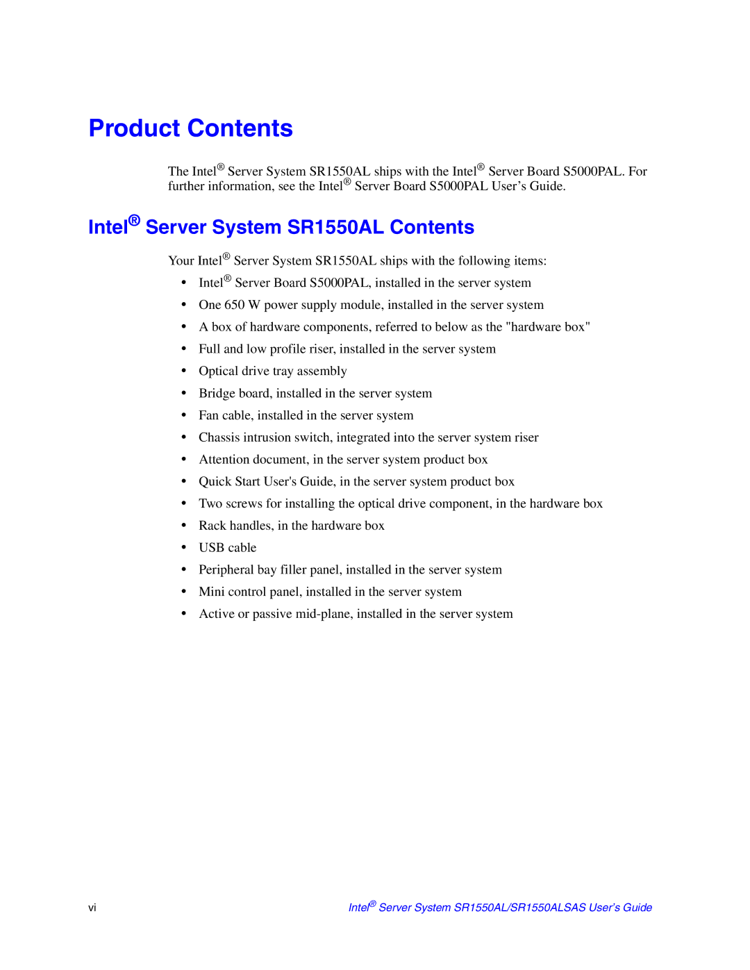 Intel SR1550ALSAS manual Product Contents 