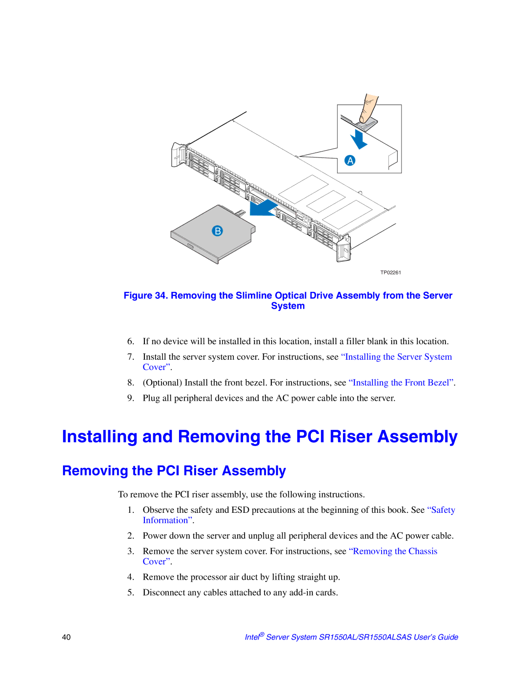 Intel SR1550ALSAS manual Installing and Removing the PCI Riser Assembly 