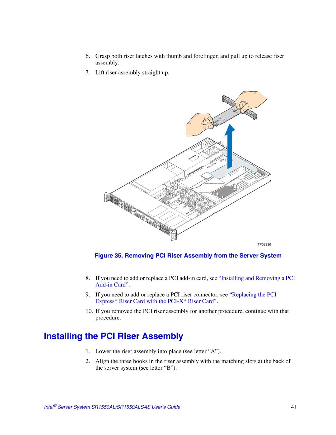 Intel SR1550ALSAS manual Installing the PCI Riser Assembly, Removing PCI Riser Assembly from the Server System 