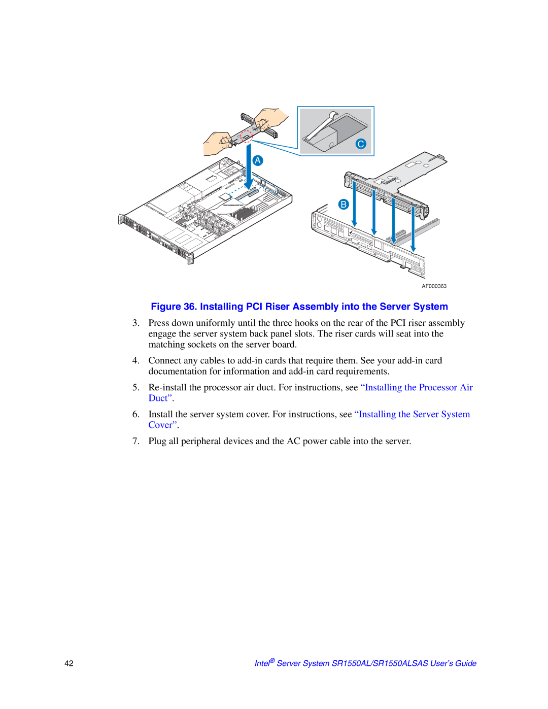 Intel SR1550ALSAS manual Installing PCI Riser Assembly into the Server System 