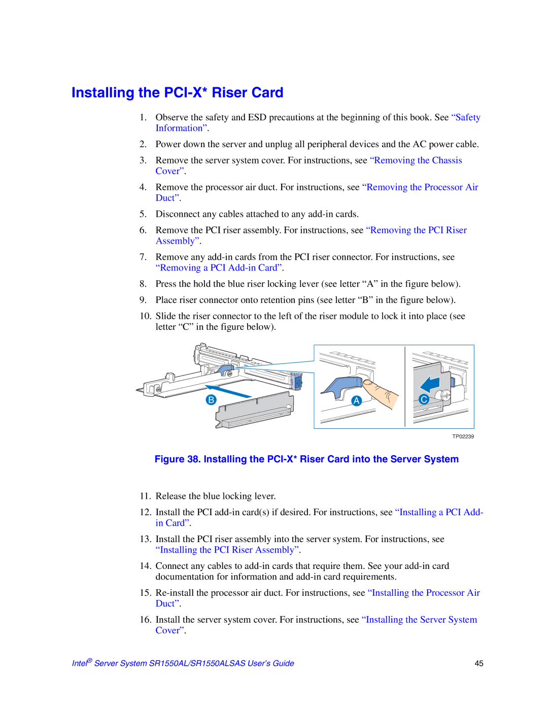 Intel SR1550ALSAS manual Installing the PCI-X* Riser Card into the Server System 