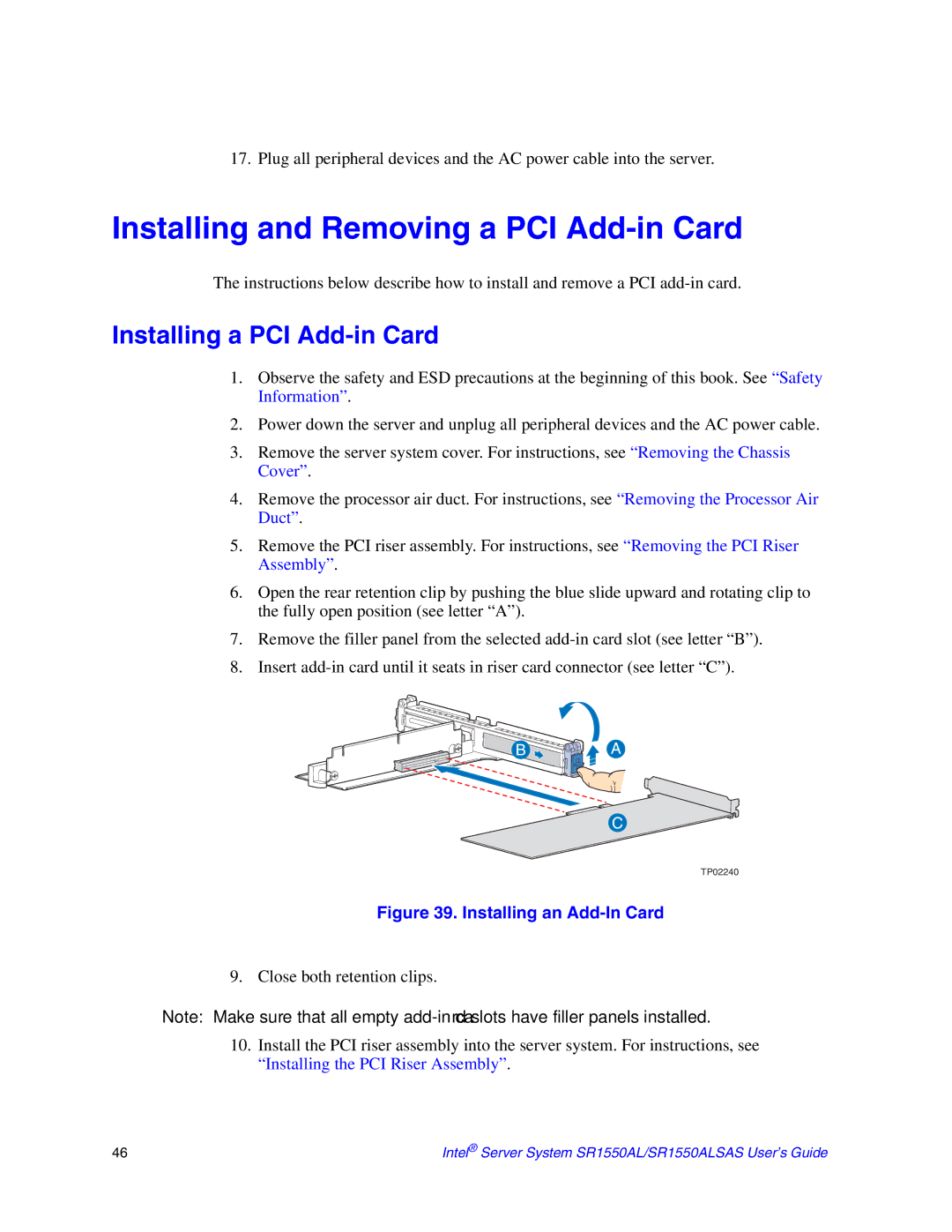 Intel SR1550ALSAS manual Installing and Removing a PCI Add-in Card, Installing a PCI Add-in Card 