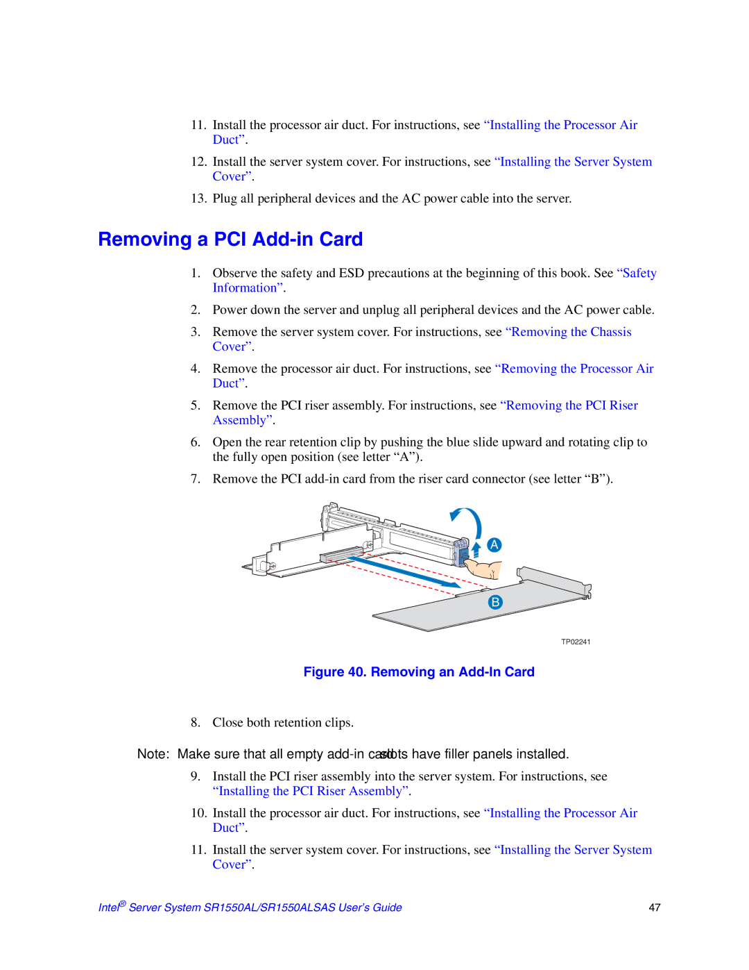 Intel SR1550ALSAS manual Removing a PCI Add-in Card, Removing an Add-In Card 