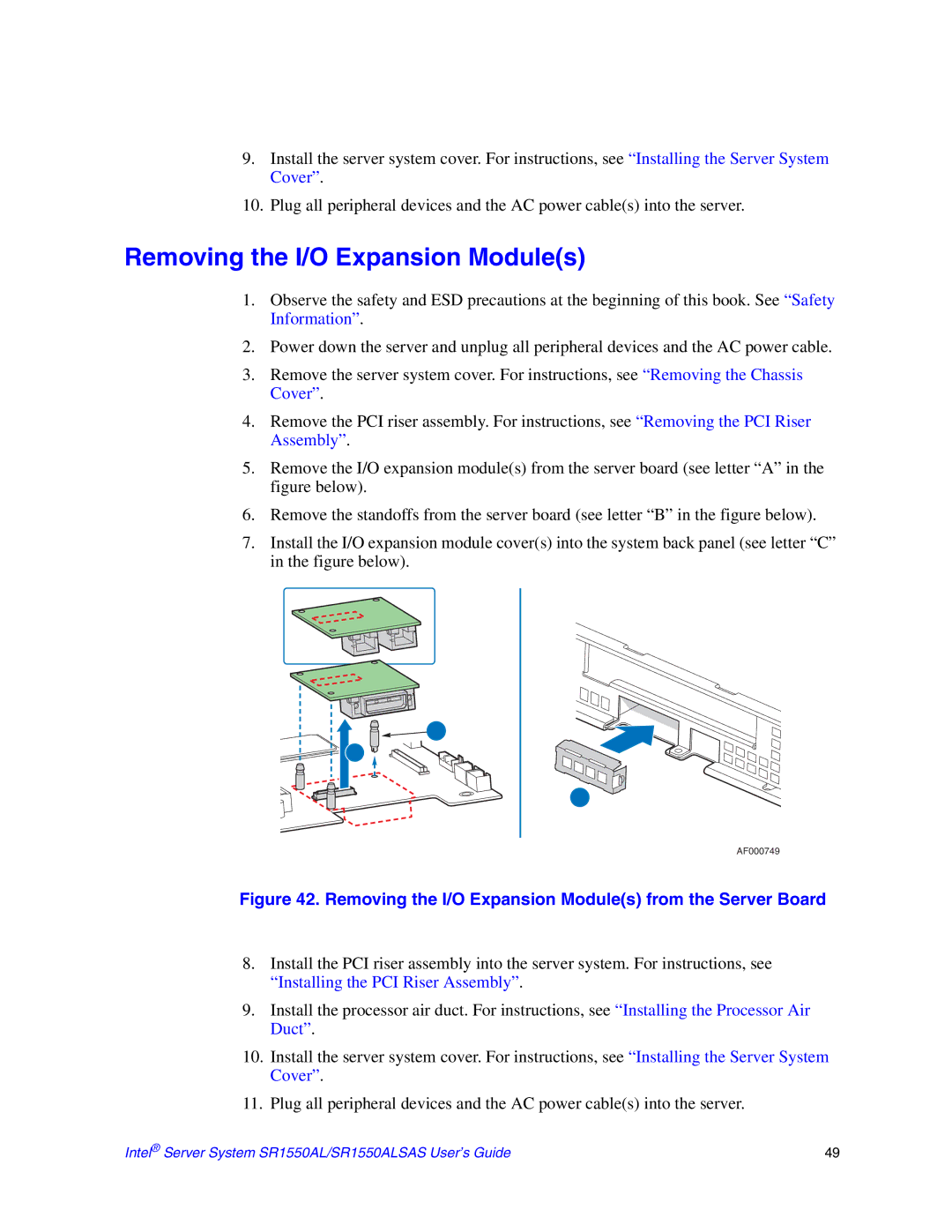 Intel SR1550ALSAS manual Removing the I/O Expansion Modules from the Server Board 