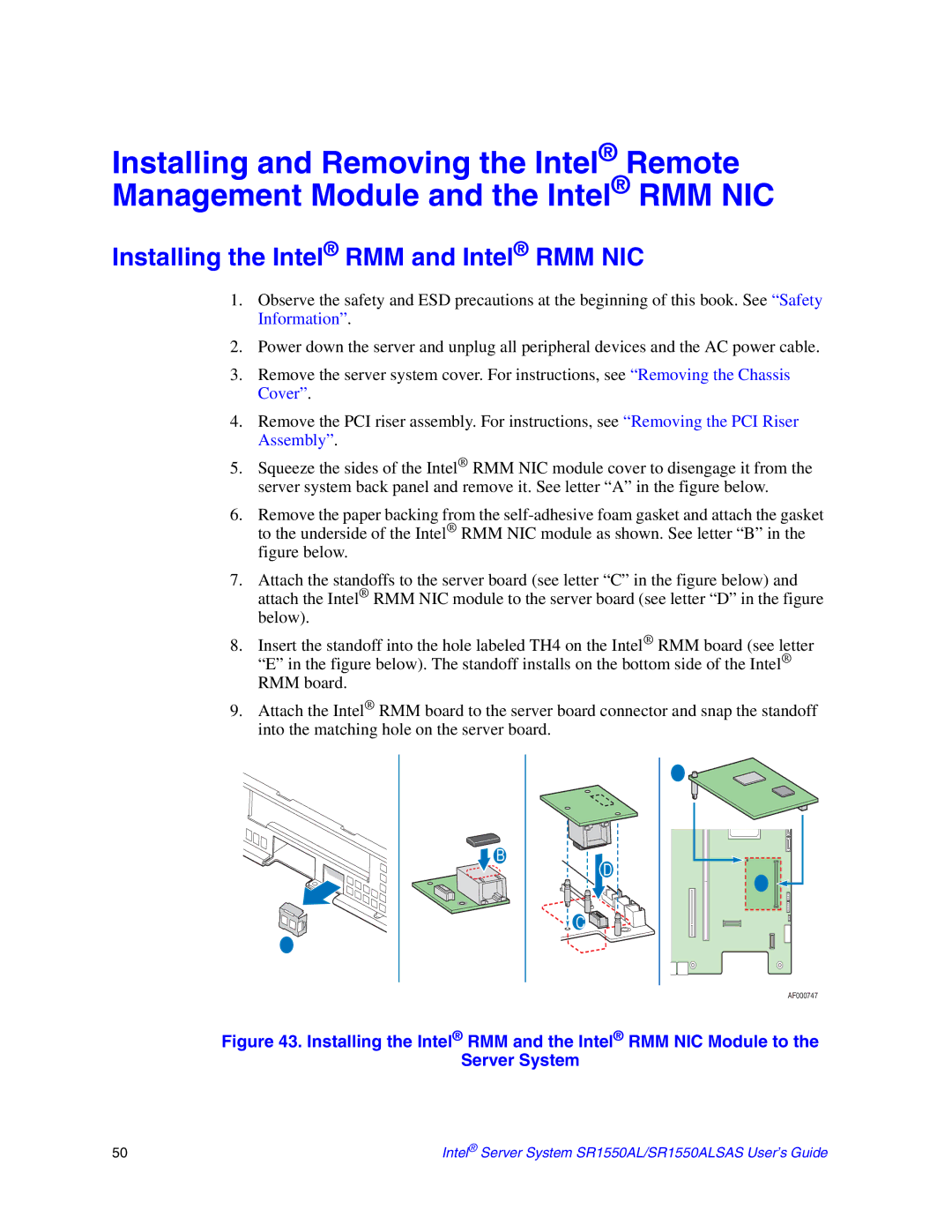 Intel SR1550ALSAS manual Installing the Intel RMM and Intel RMM NIC 