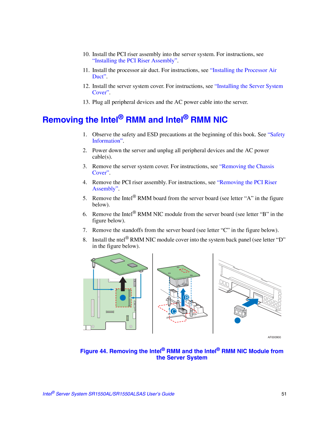 Intel SR1550ALSAS manual Removing the Intel RMM and Intel RMM NIC 