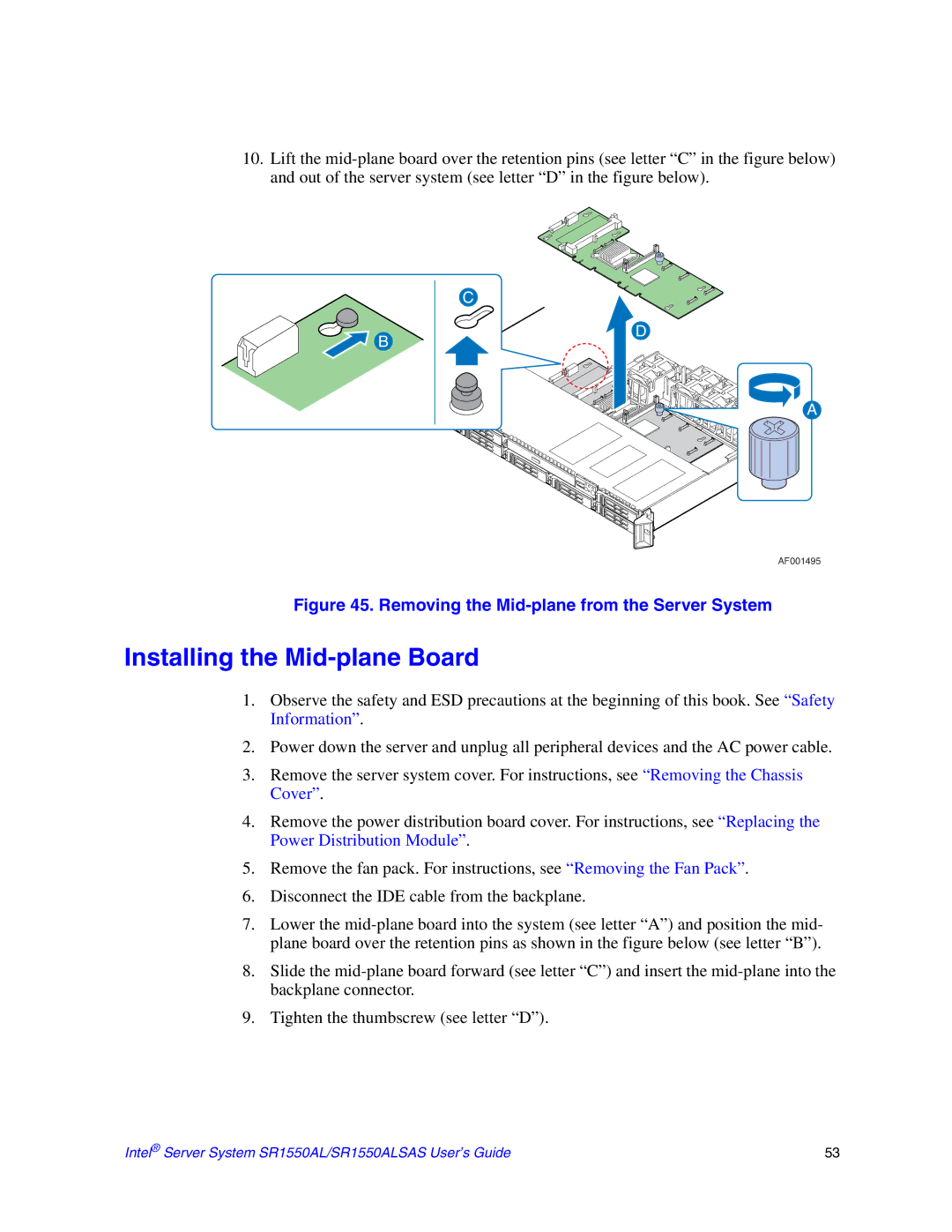 Intel SR1550ALSAS manual Installing the Mid-plane Board, Removing the Mid-plane from the Server System 