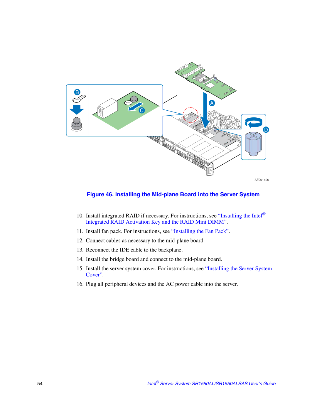 Intel SR1550ALSAS manual Installing the Mid-plane Board into the Server System 