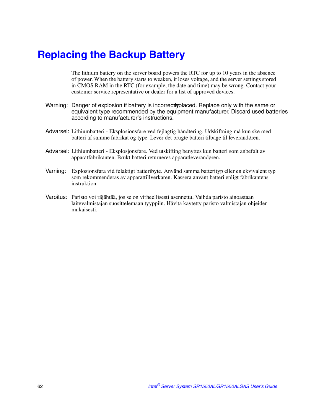 Intel SR1550ALSAS manual Replacing the Backup Battery 