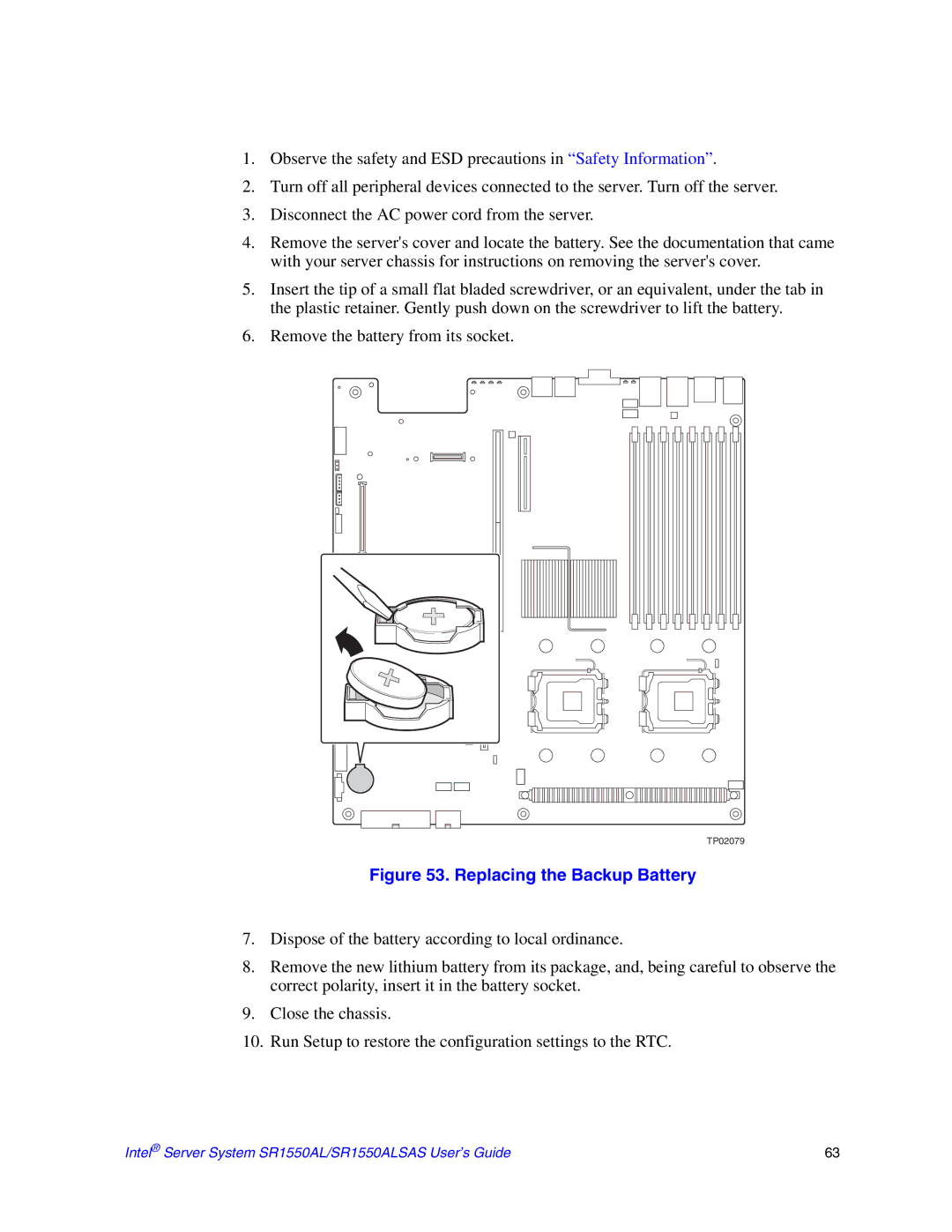 Intel SR1550ALSAS manual Replacing the Backup Battery 