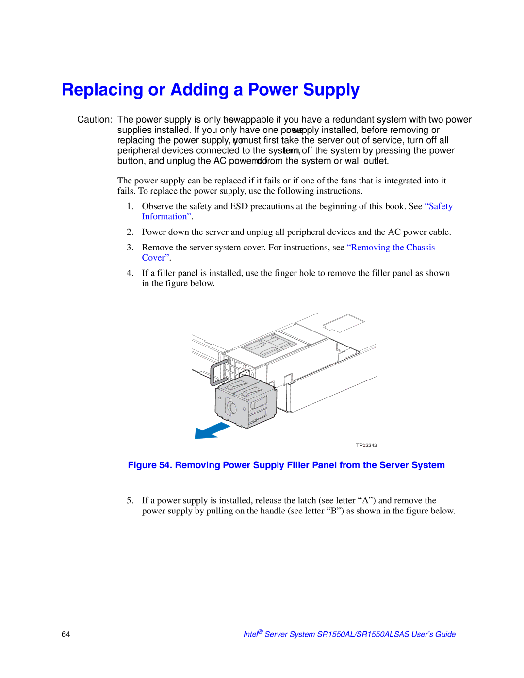 Intel SR1550ALSAS manual Replacing or Adding a Power Supply, Removing Power Supply Filler Panel from the Server System 