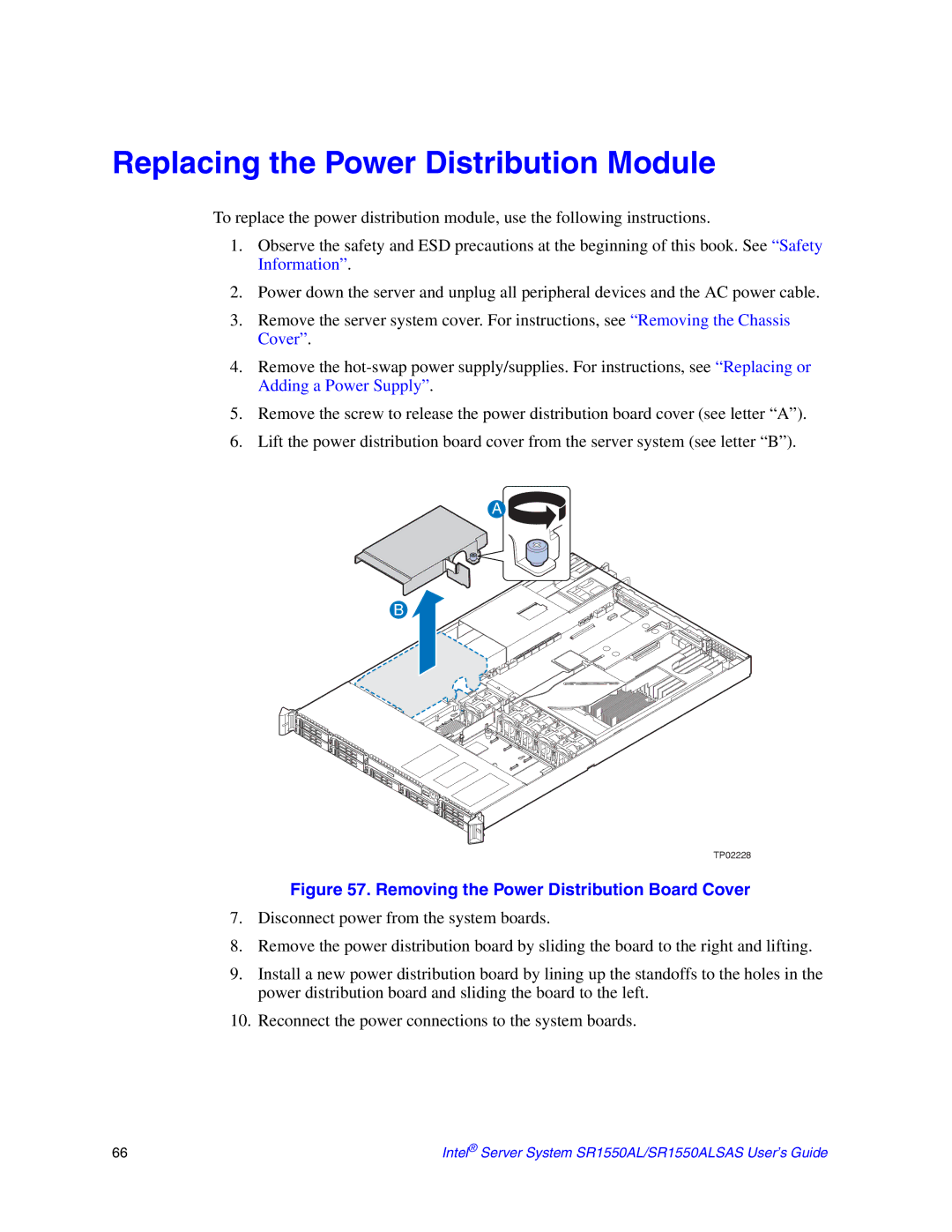 Intel SR1550ALSAS manual Replacing the Power Distribution Module, Removing the Power Distribution Board Cover 