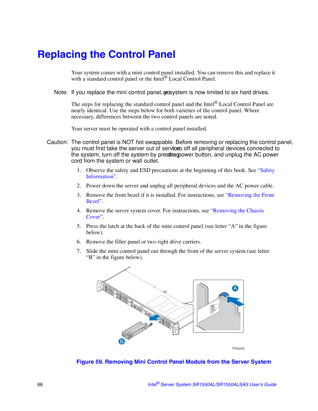 Intel SR1550ALSAS manual Replacing the Control Panel, Removing Mini Control Panel Module from the Server System 