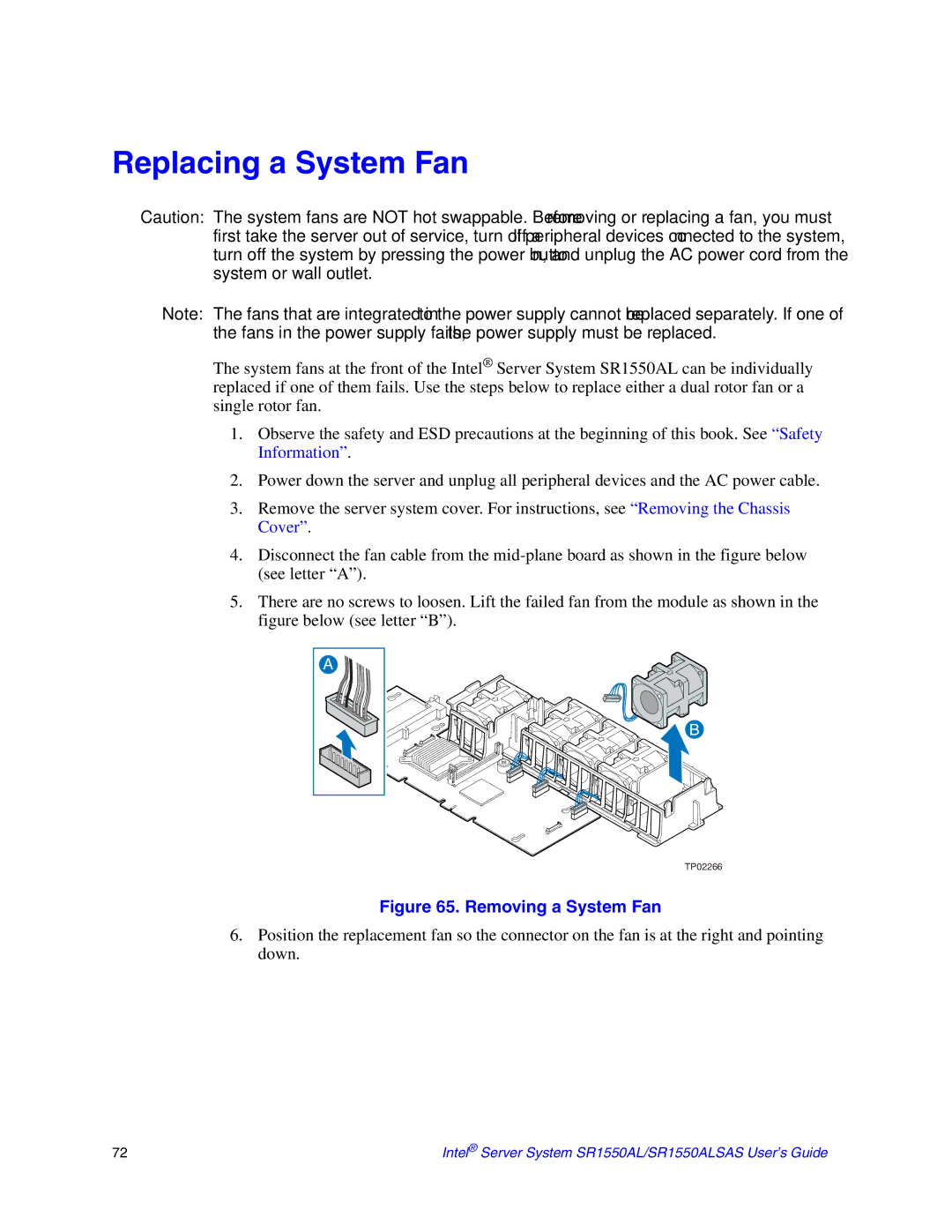 Intel SR1550ALSAS manual Replacing a System Fan, Removing a System Fan 