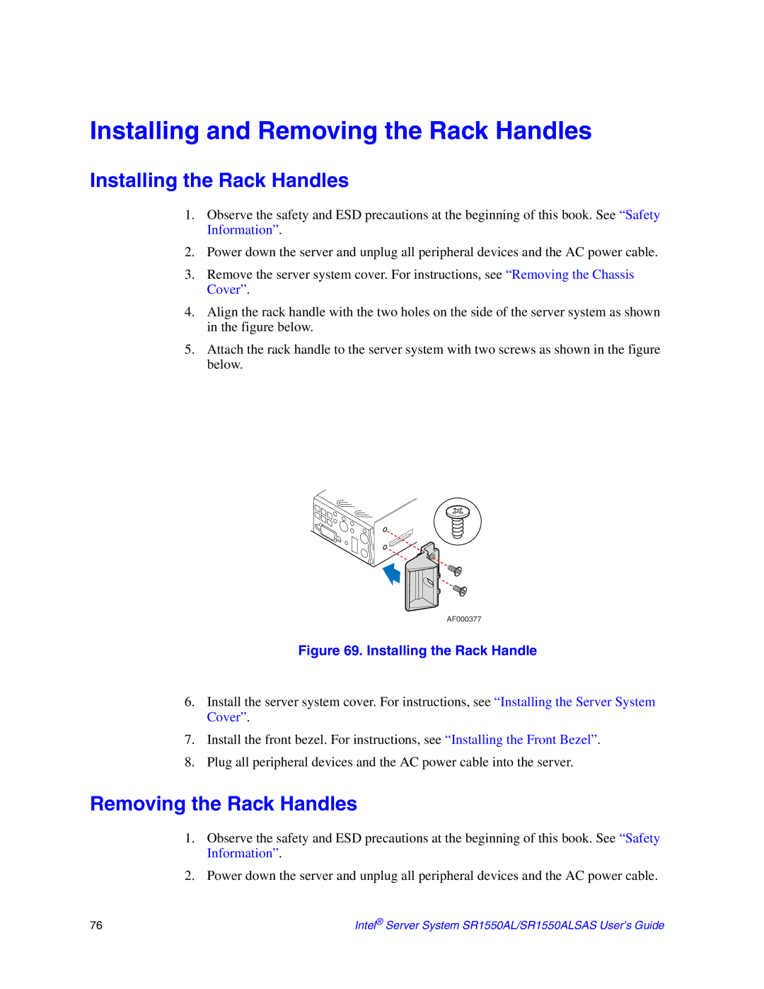 Intel SR1550ALSAS manual Installing and Removing the Rack Handles, Installing the Rack Handles 