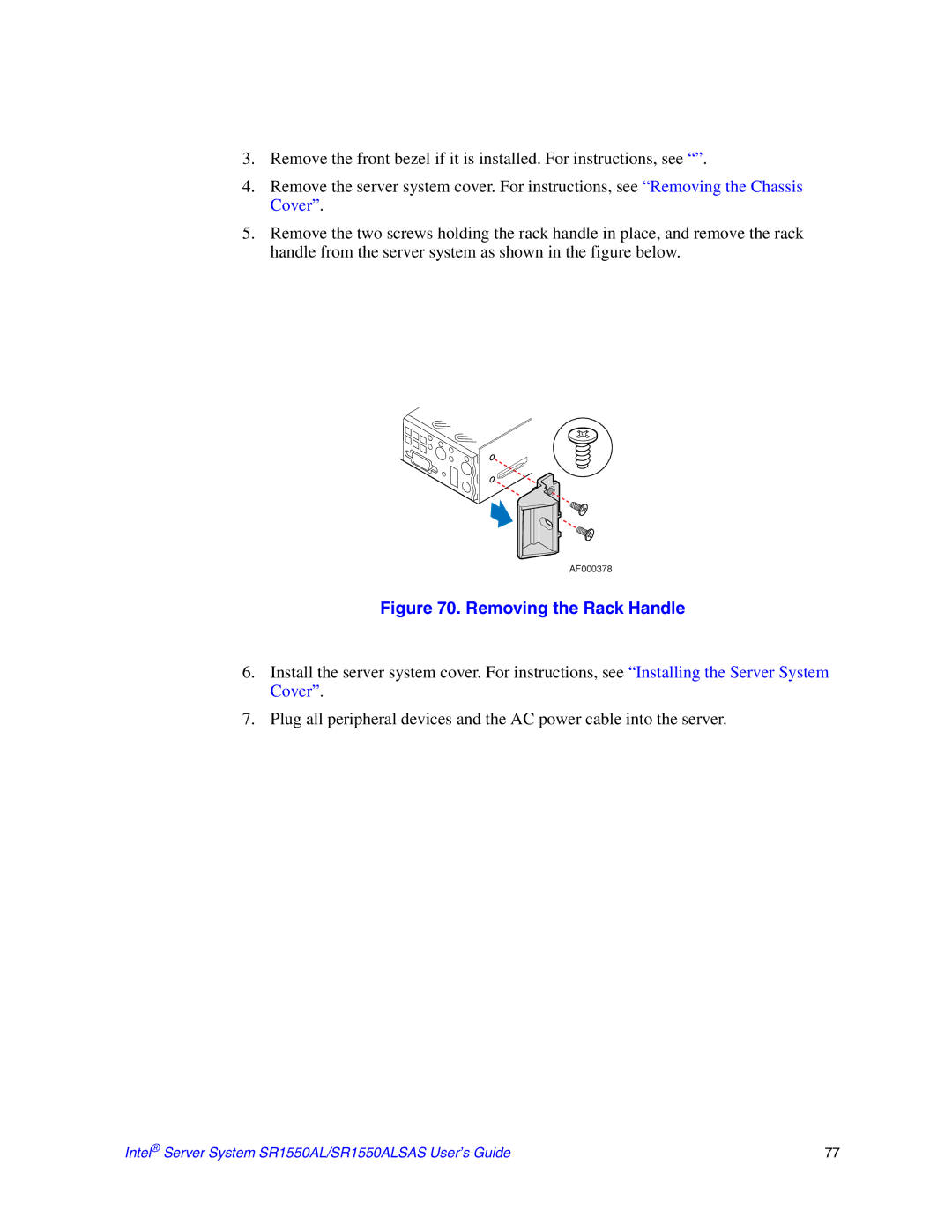 Intel SR1550ALSAS manual Removing the Rack Handle 