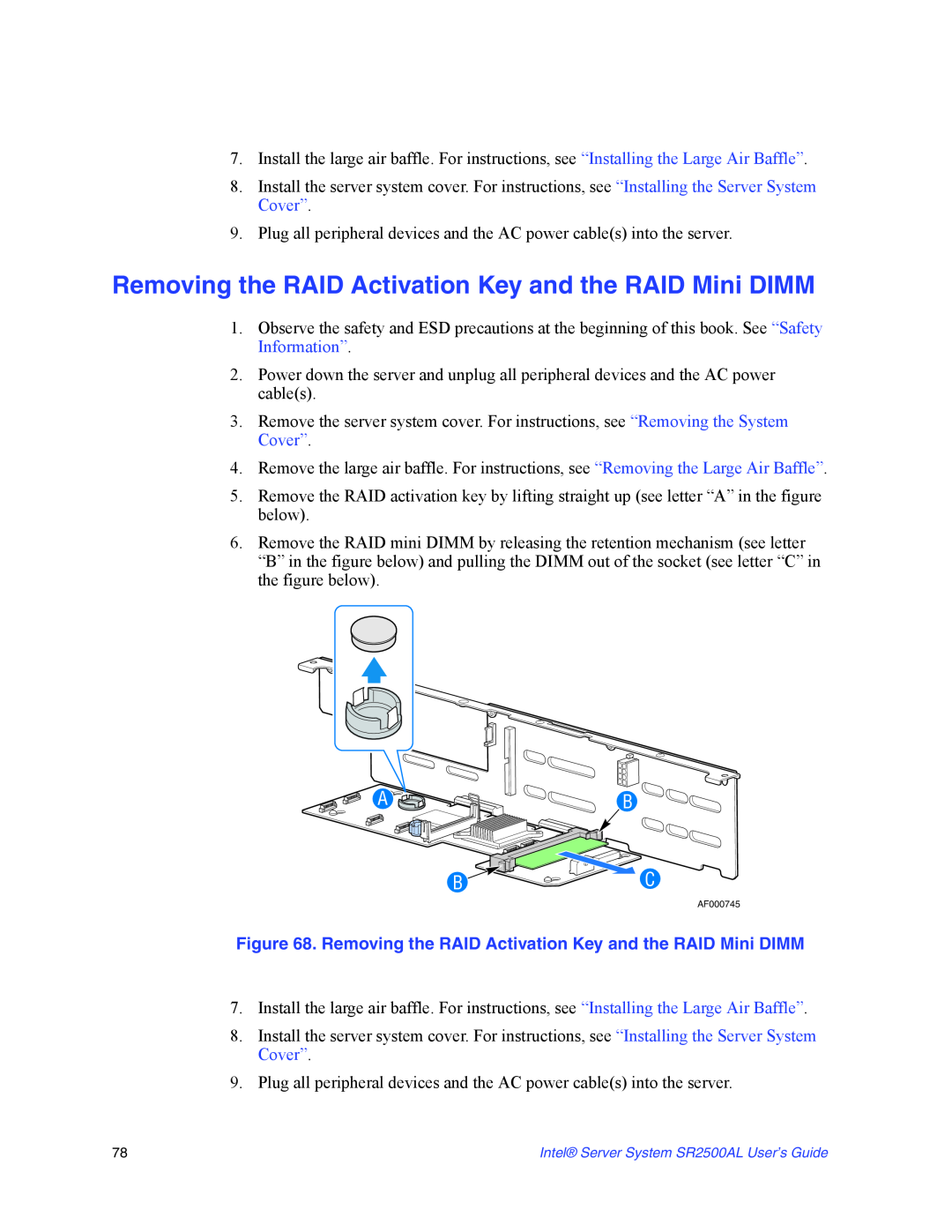 Intel SR2500AL manual Removing the RAID Activation Key and the RAID Mini DIMM, A B B C 
