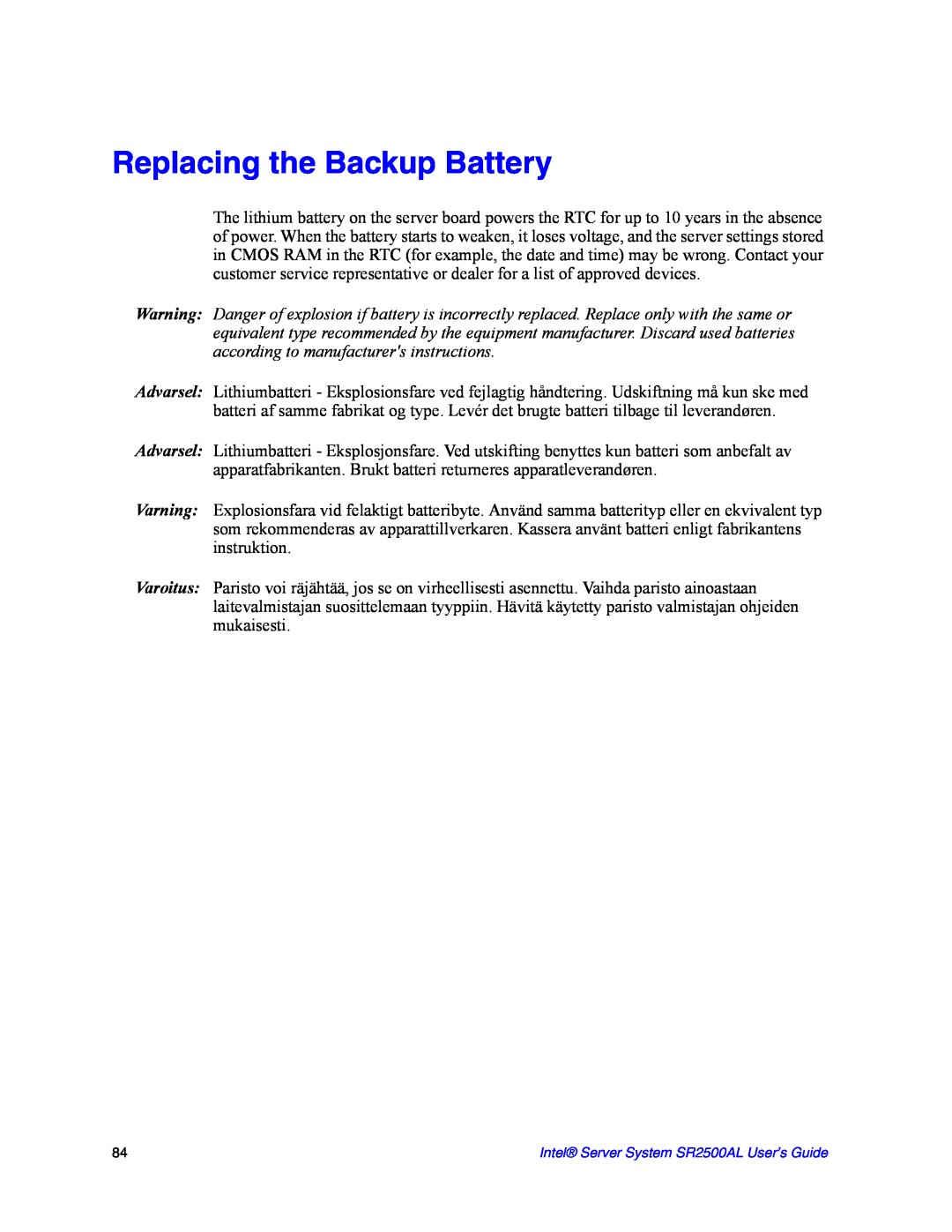 Intel SR2500AL manual Replacing the Backup Battery 