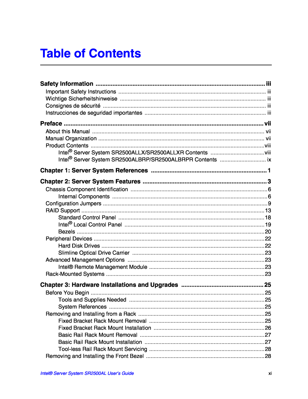 Intel SR2500AL manual Table of Contents, Safety Information, Preface, Server System References, Server System Features 