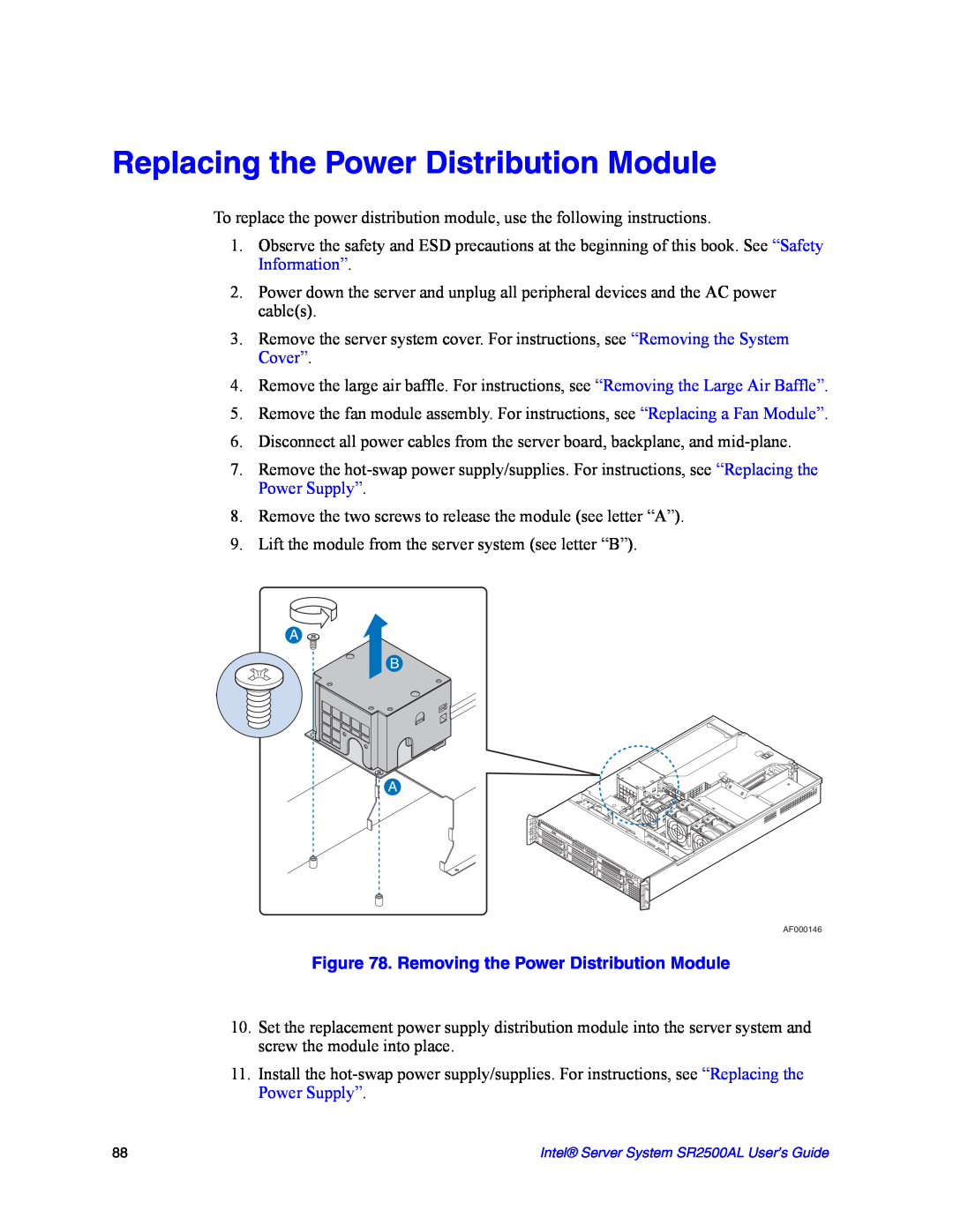 Intel SR2500AL manual Replacing the Power Distribution Module, Removing the Power Distribution Module 
