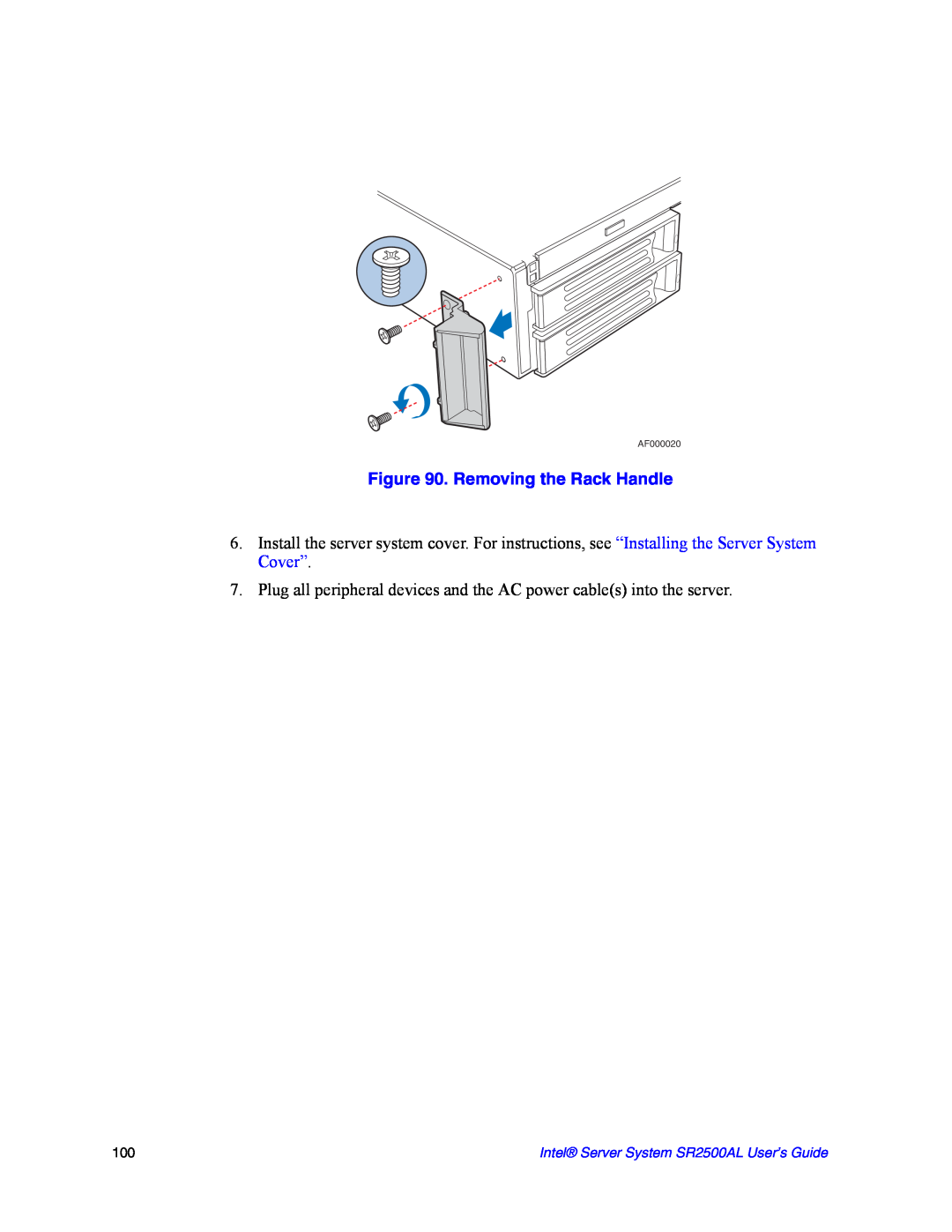Intel manual Removing the Rack Handle, Intel Server System SR2500AL User’s Guide, AF000020 