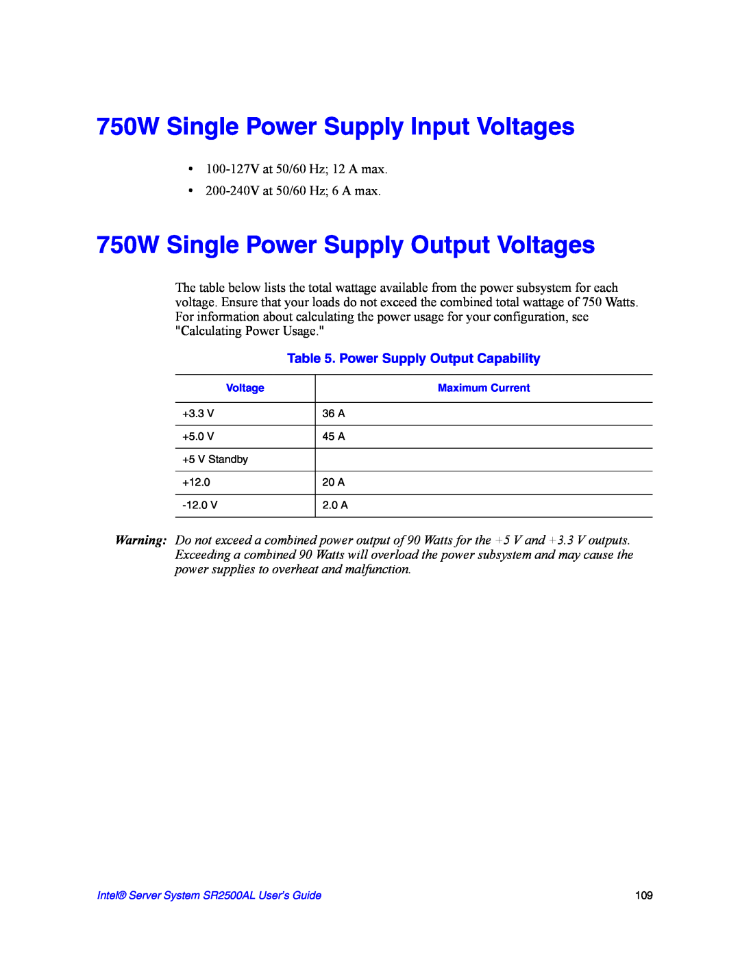 Intel SR2500AL manual 750W Single Power Supply Input Voltages, 750W Single Power Supply Output Voltages 