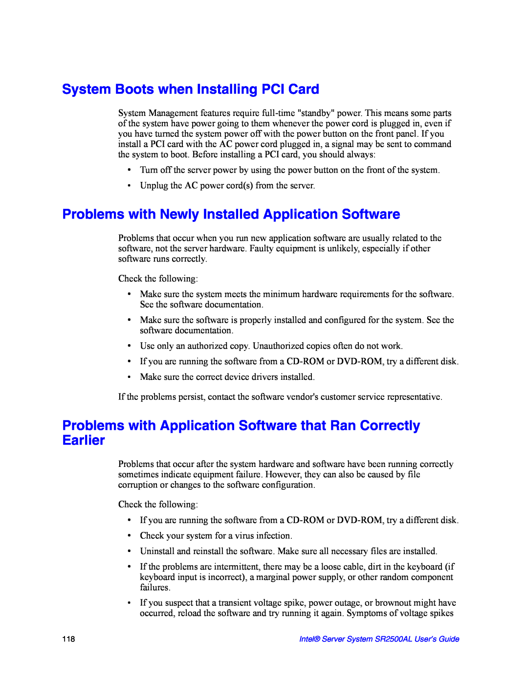 Intel SR2500AL manual System Boots when Installing PCI Card, Problems with Newly Installed Application Software 