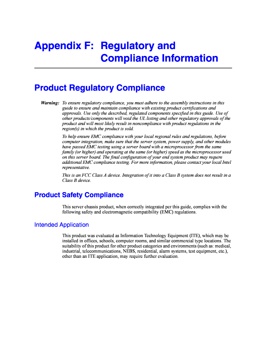 Intel SR2500AL Appendix F Regulatory and Compliance Information, Product Regulatory Compliance, Product Safety Compliance 