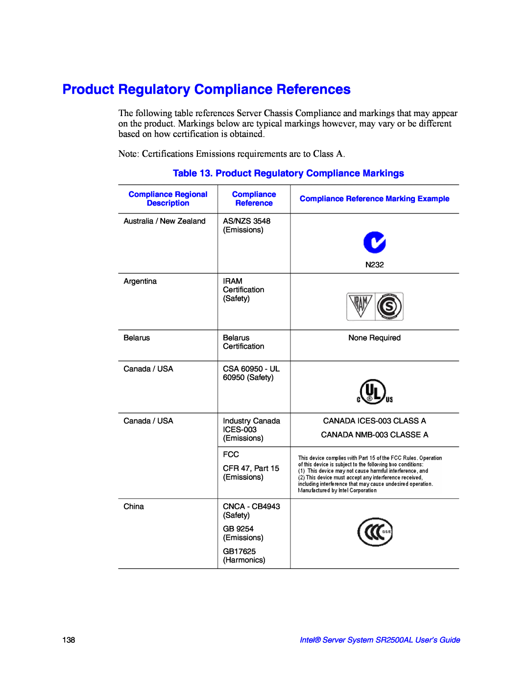 Intel SR2500AL manual Product Regulatory Compliance References, Product Regulatory Compliance Markings 