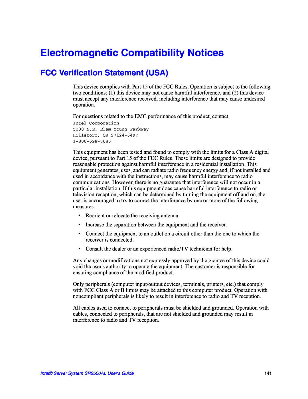 Intel SR2500AL manual Electromagnetic Compatibility Notices, FCC Verification Statement USA 