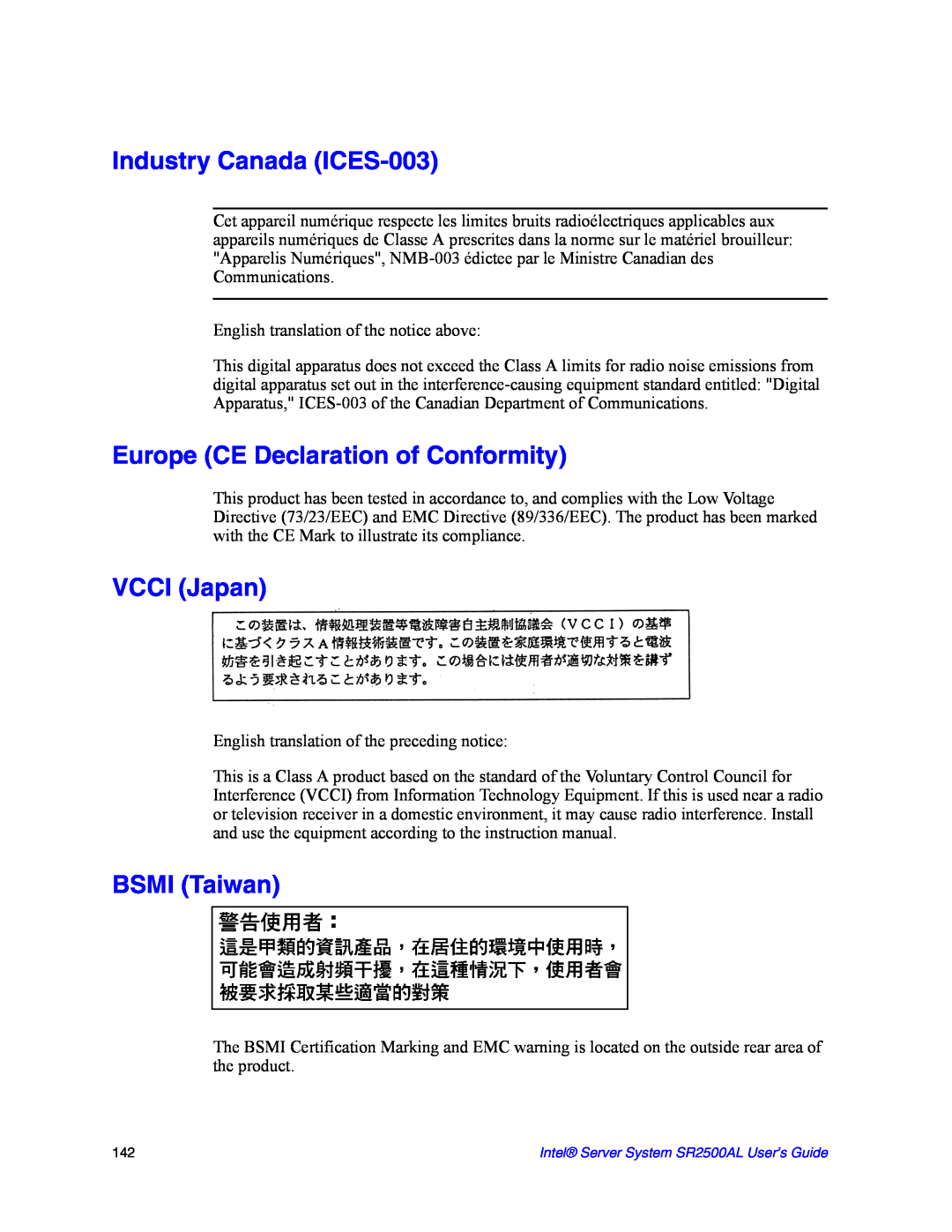 Intel SR2500AL manual Industry Canada ICES-003, Europe CE Declaration of Conformity, VCCI Japan, BSMI Taiwan 