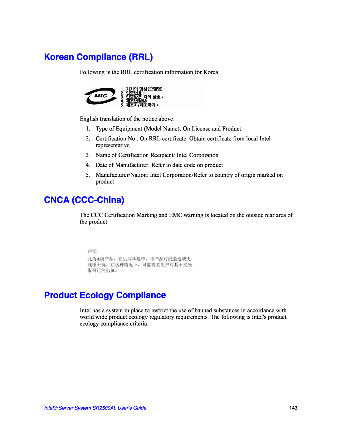 Intel SR2500AL manual Korean Compliance RRL, CNCA CCC-China, Product Ecology Compliance 
