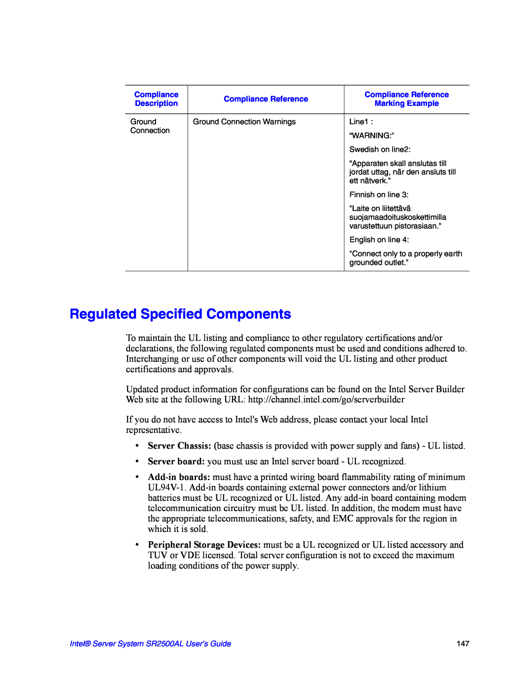 Intel SR2500AL manual Regulated Specified Components 