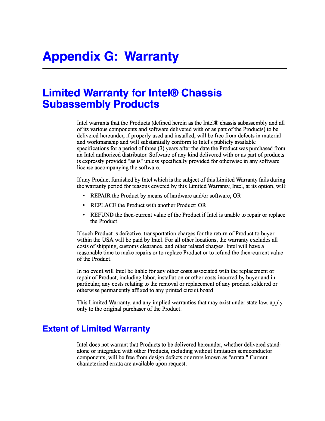 Intel SR2500AL Appendix G Warranty, Limited Warranty for Intel Chassis Subassembly Products, Extent of Limited Warranty 