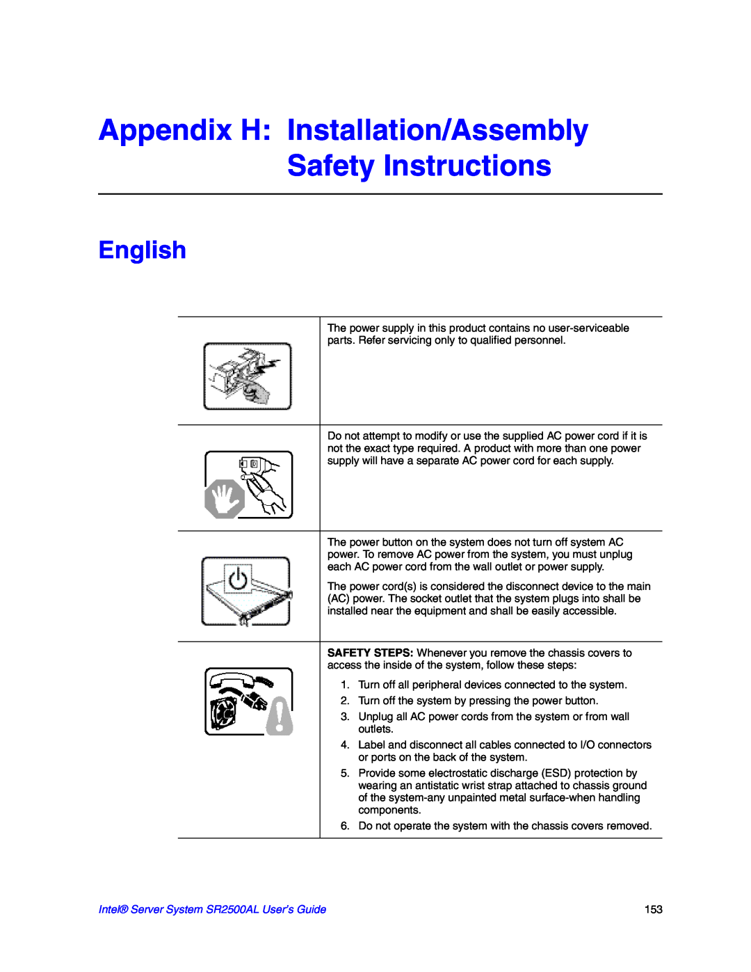 Intel manual Appendix H Installation/Assembly Safety Instructions, English, Intel Server System SR2500AL User’s Guide 